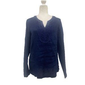 Long Tall Sally Blue Linen Embroidered Crochet Tunic Size 6
